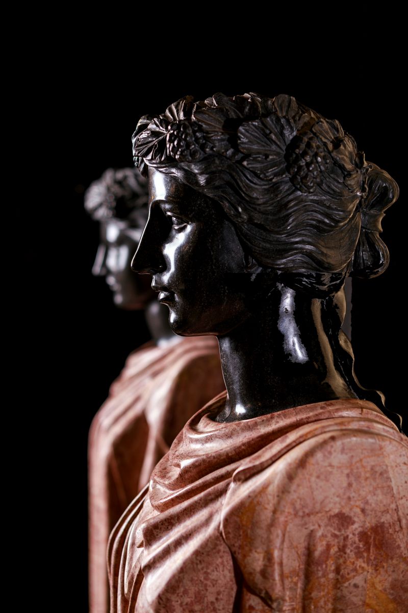 Coppia di Erme di Bacco in Marmo Nero e Rosa Egiziano, XIX Secolo