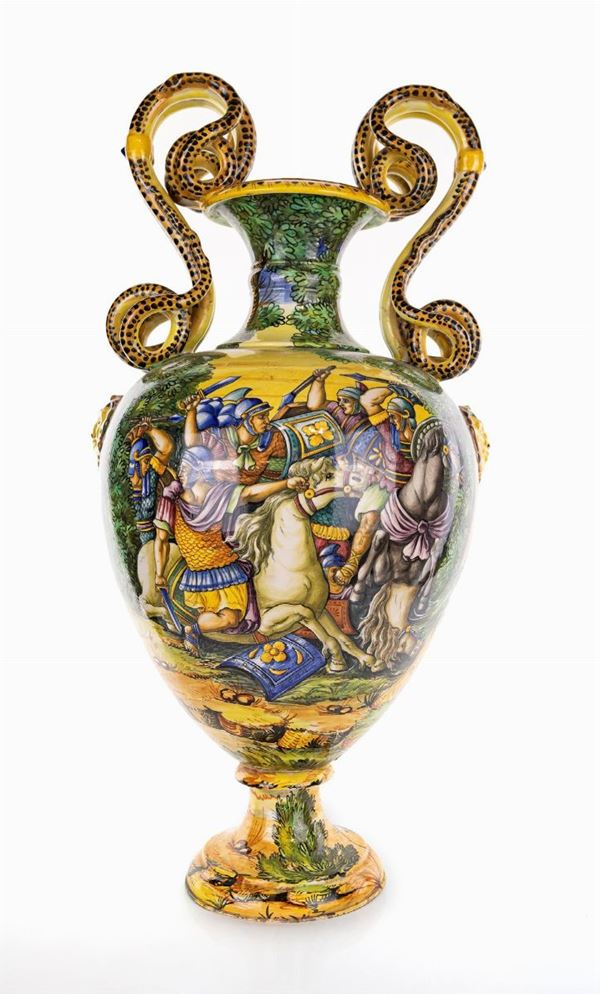 Grande vaso ad anfora in maiolica istoriata, Pesaro, XX secolo