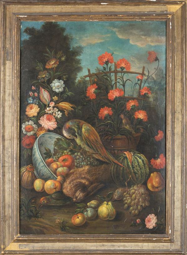 Pittore Napoletano del XVIII secolo - Natura morta di fiori e frutta