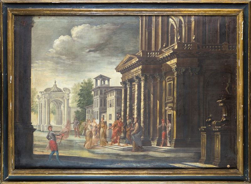 Scuola Lombarda del XVII Secolo - Veduta di Architetture con Figure