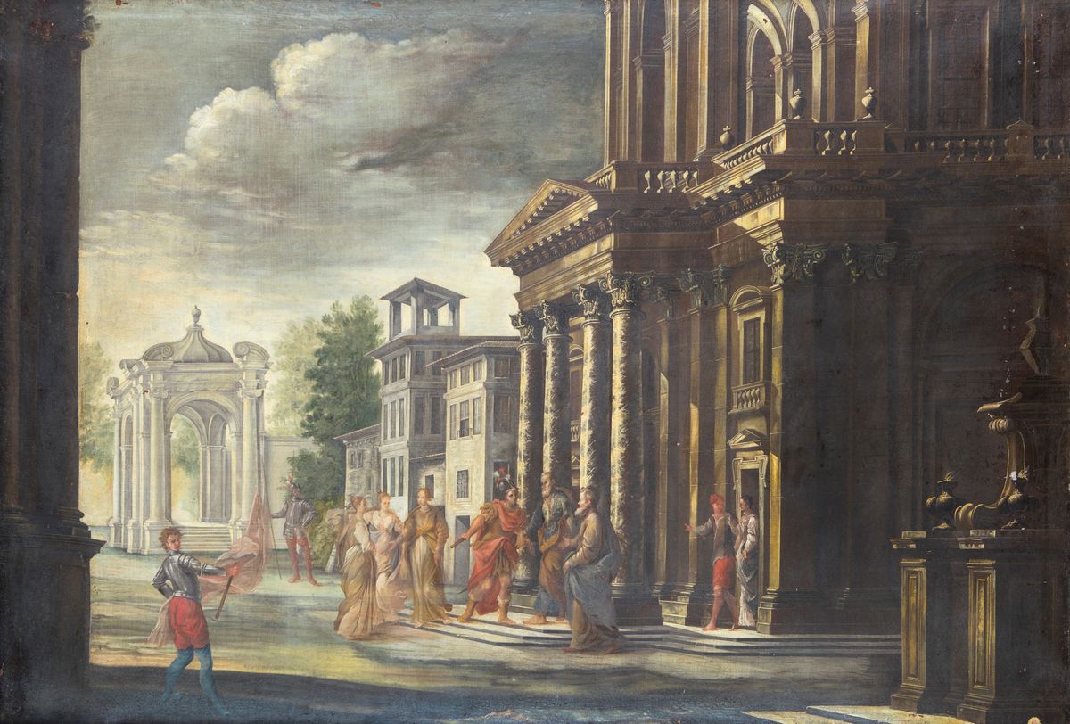 Scuola Lombarda del XVII Secolo - Veduta di Architetture con Figure