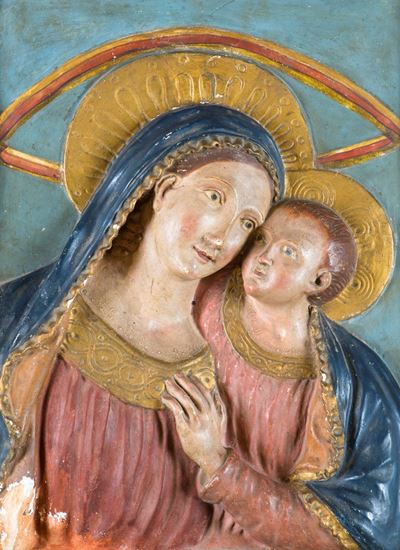 Bassorilievo in Gesso Policromo Raffigurante Madonna Col Bambino