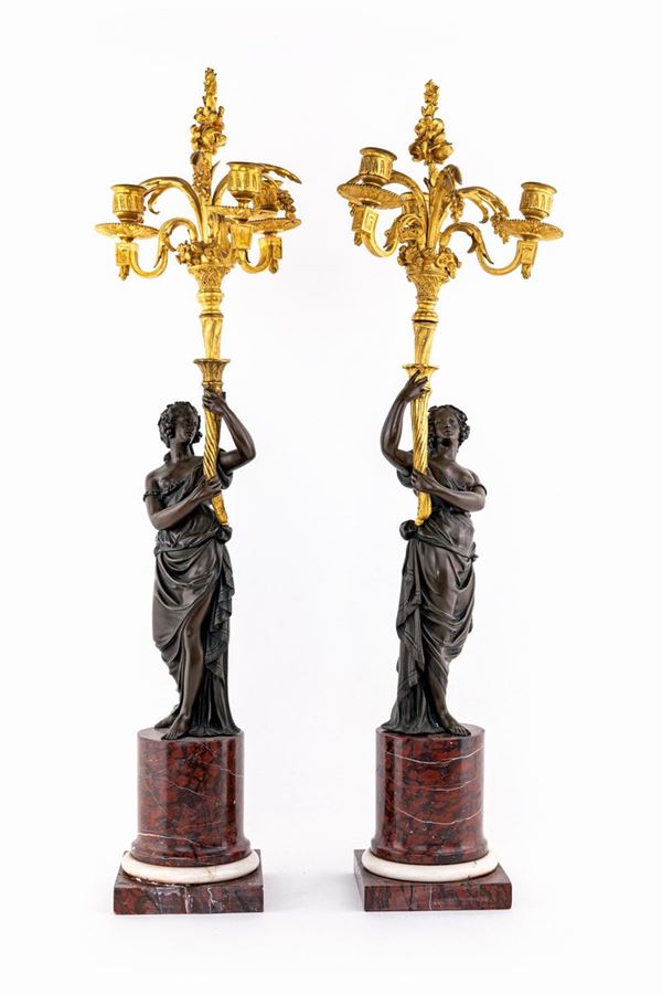 Coppia di candelabri in bronzo e marmo rosso, Francia, XIX secolo