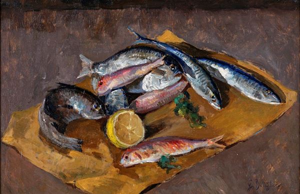 Gennaro Bottiglieri - Natura morta con spigole, triglie e orata