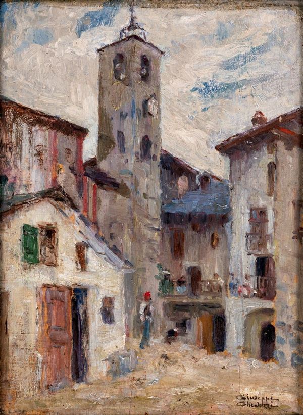 Giuseppe Gheduzzi - veduta di paese con figure