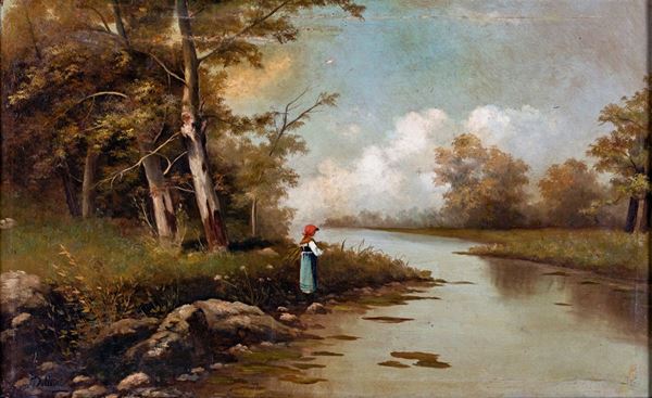 Pittore del XIX secolo - Paesaggio fluviale con contadina