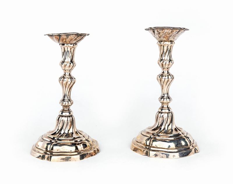 Coppia di Candelieri in Argento, Milano 1770 Ca, Argentiere All'insegna del Torchio da Vino