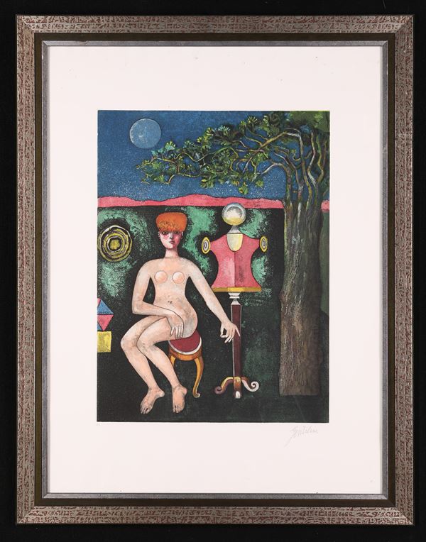 Franco Gentilini : Nuda in giardino  (1979)  - Acquaforte/acquatinta - Asta Asta a Tempo - Arte Moderna e Contemporanea - Casa d'Aste Arcadia