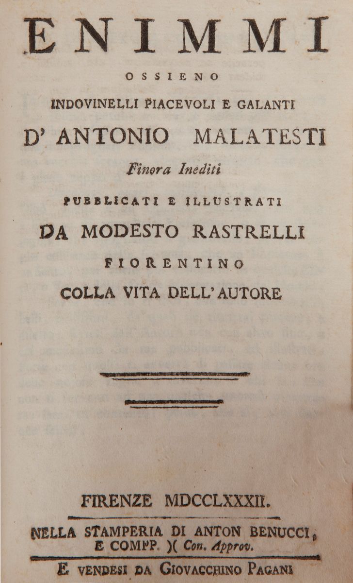 Antonio Malatesti. Enimmi Ossieno Indovinelli Piacevoli e Galanti Finora Inediti