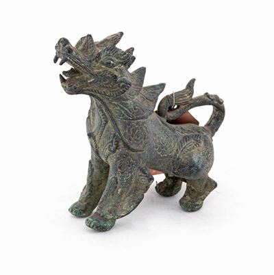 Antica Figura di Leone Guardiano in Bronzo, Thailandia