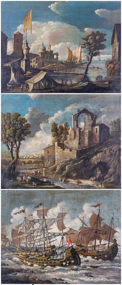 A) Veduta Campestre B) Veduta di Città Portuale C) Marina con Battaglia Navale
