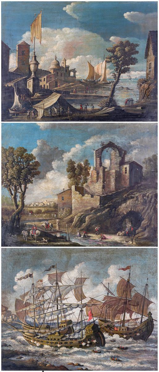 Pittore del XVIII secolo - a) Veduta campestre  b) Veduta di città portuale  c) Marina con battaglia navale