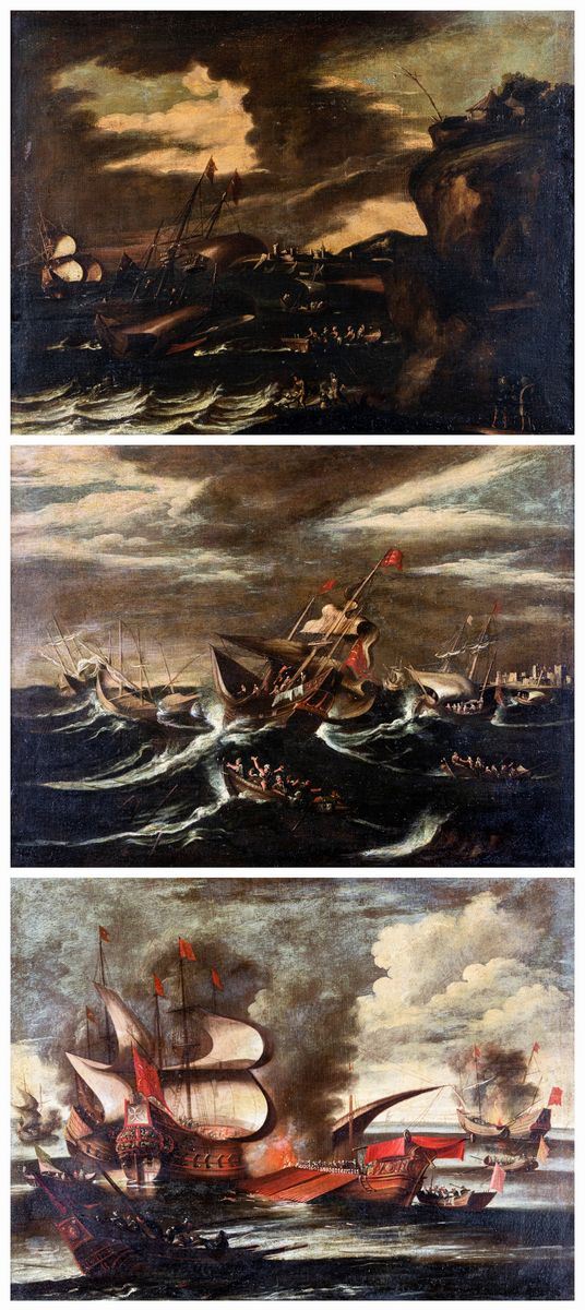 Pittore del XVIII secolo - Tre marine con battaglie navali