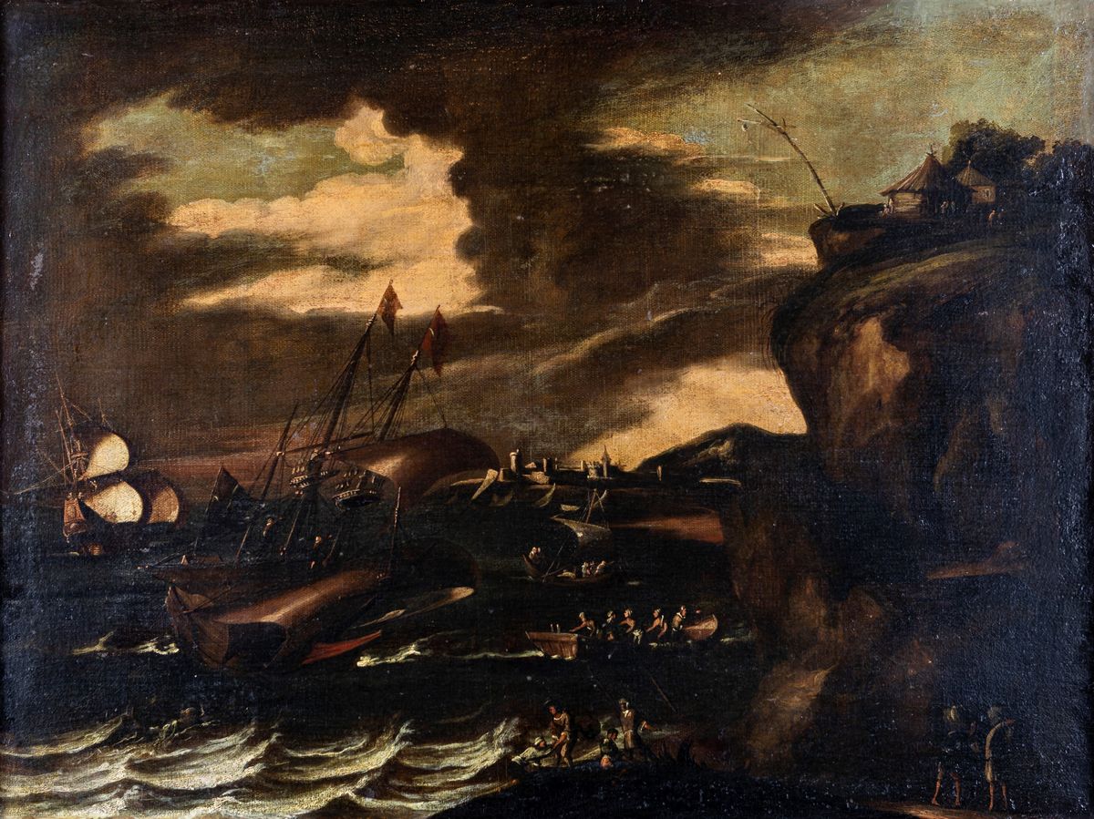 Pittore del XVIII Secolo - Tre Marine con Battaglie Navali