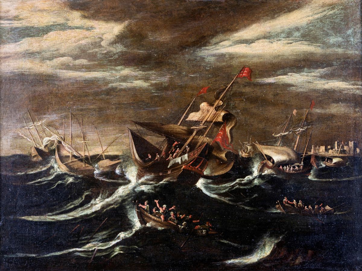 Pittore del XVIII Secolo - Tre Marine con Battaglie Navali