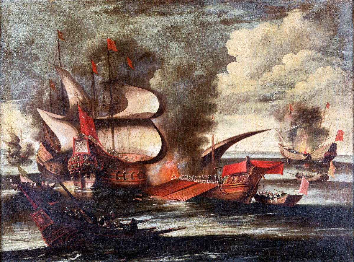 Pittore del XVIII Secolo - Tre Marine con Battaglie Navali