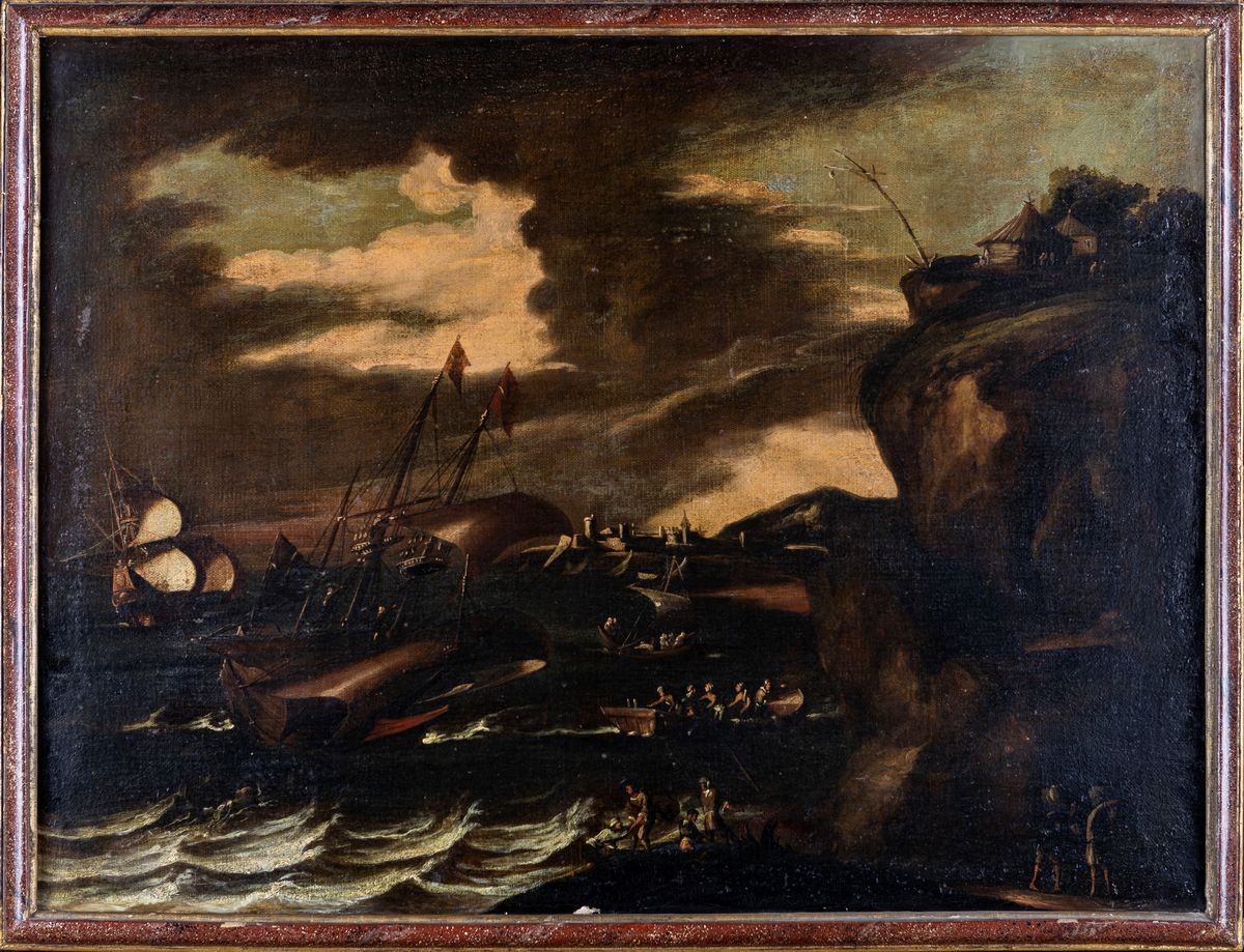 Pittore del XVIII Secolo - Tre Marine con Battaglie Navali