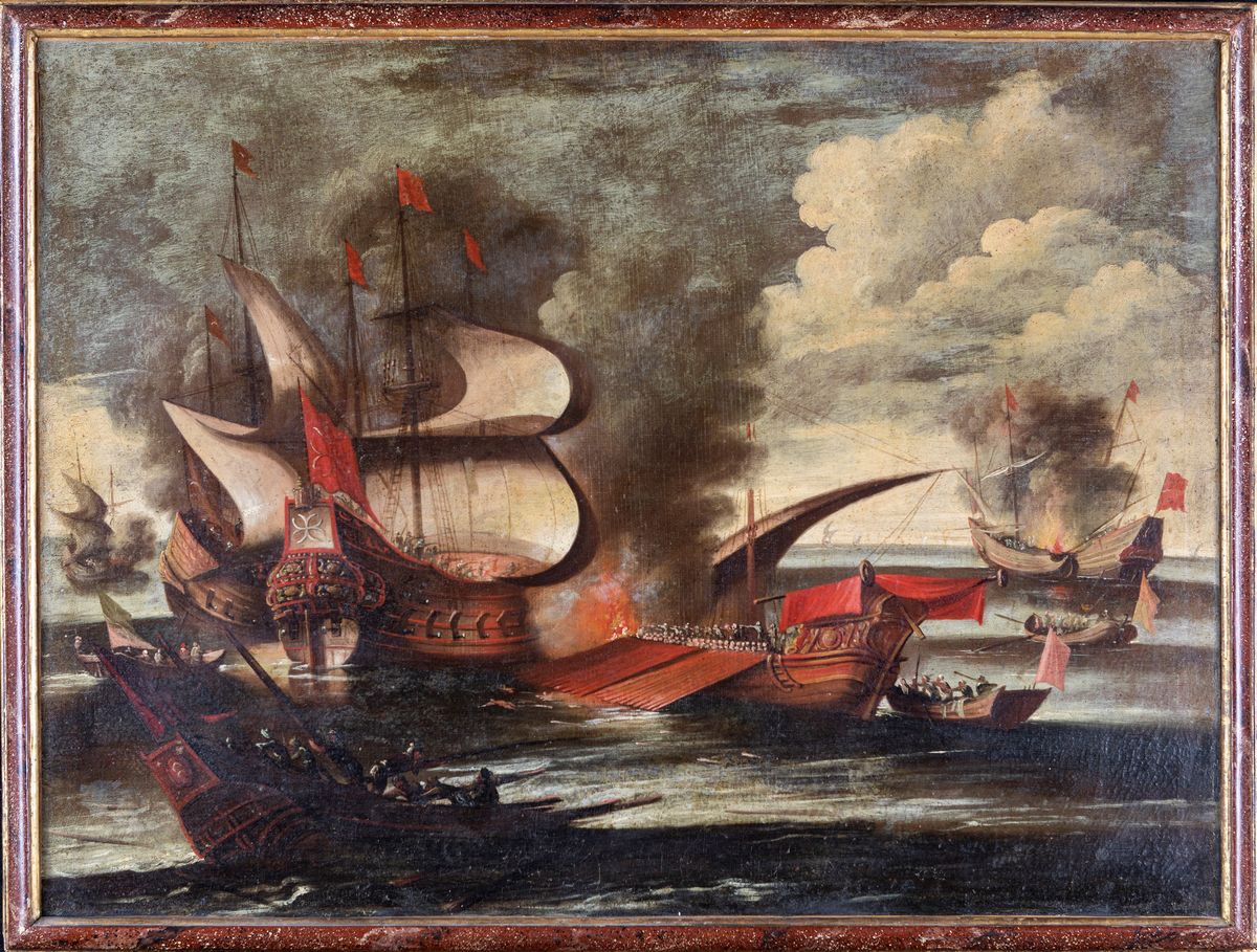 Pittore del XVIII Secolo - Tre Marine con Battaglie Navali