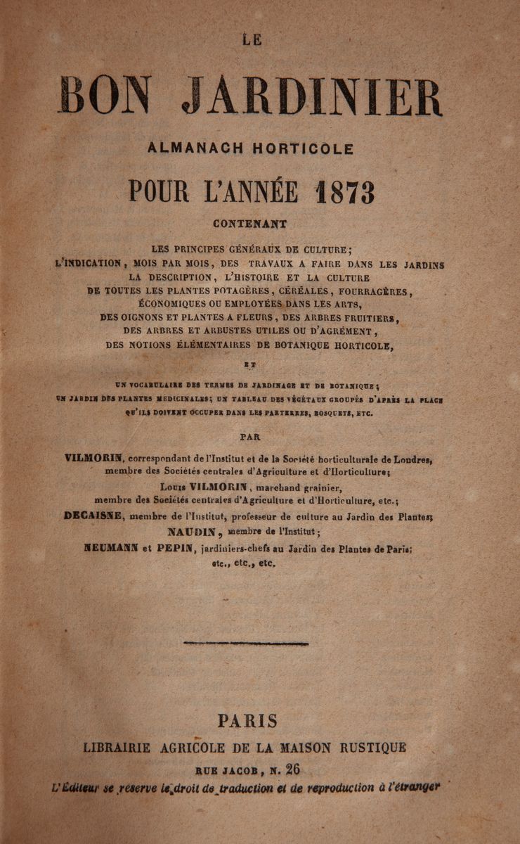 Le Bon Jardinier. Almanach Horticole Pour L'annè 1873