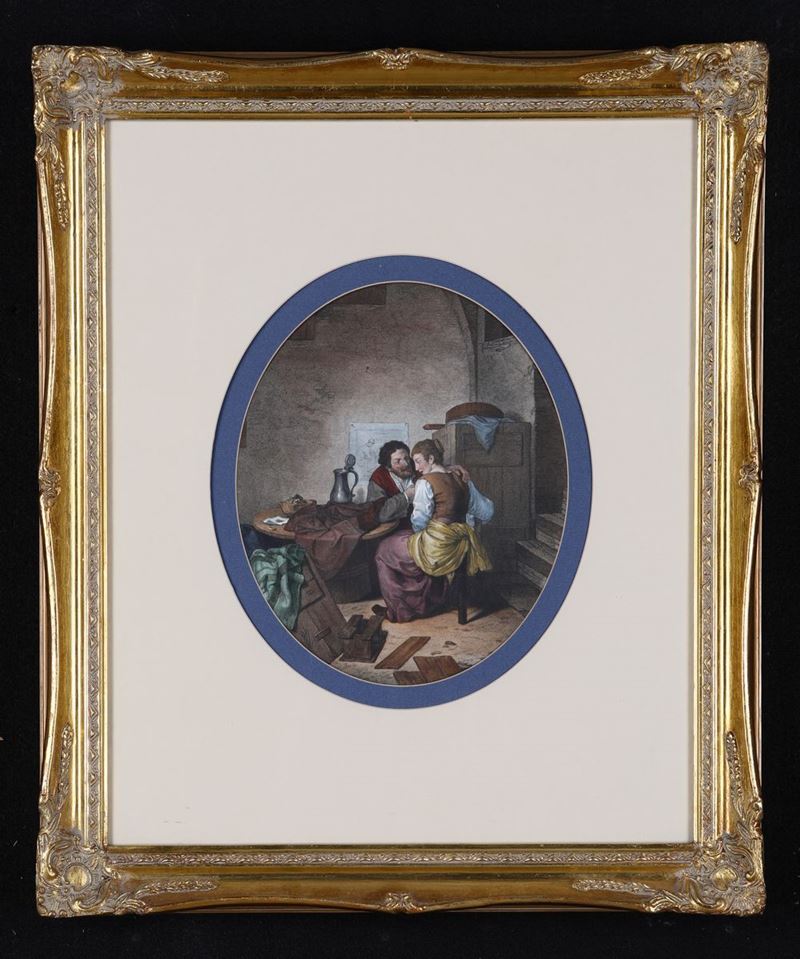 Jacques Louis Francois Touzé. le Bon Ménage - Rustic Interior. Incisione di Henri Gutenberg