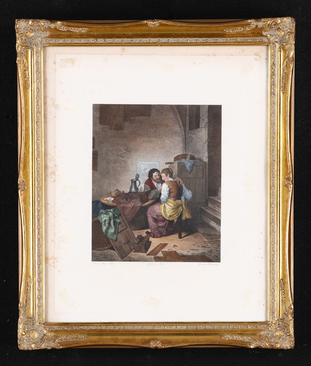 Jacques Louis Francois Touzé. le Bon Ménage - Rustic Interior. Incisione di Henri Gutenberg