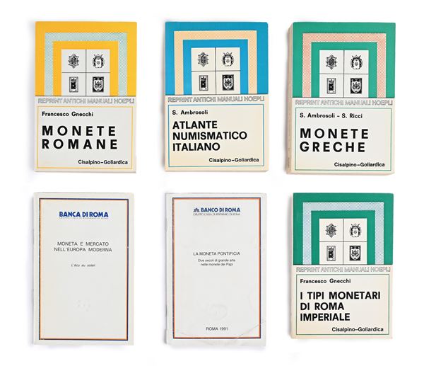 Lotto di sette volumi: 1) S. Ambrosoli, S. Ricci - Monete Greche, Cisalpino Goliardica 1983 2) F. Gnecchi - Monete Romane, Cisalpino Goliardica 1981 3) F. Gnecchi - I tipi monetari di Roma Imperiale, Cisalpino Goliardica 1978 4) S. Ambrosoli - Atlante Numismatico Italiano, Cisalpino Goliardica 1979 5) S. Ambrosoli, F. Gnecchi - Manuale elementare di numismatica, Cisalpino Goliardica 1983 6) S. Balbi De Caro - La Moneta Pontificia, Roma 1991 7)  S. Balbi De Caro - L'Ecu au soleil, Roma 1992