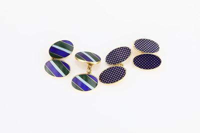 Due Paia di Gemelli in Metallo Dorato e Smalti, London Badge & Button