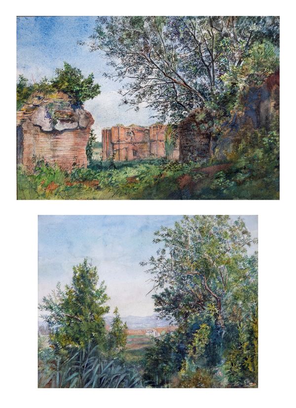 Anonimo del XIX secolo - a) Paesaggio con rovine  b) Paesaggio con paese in lontananza