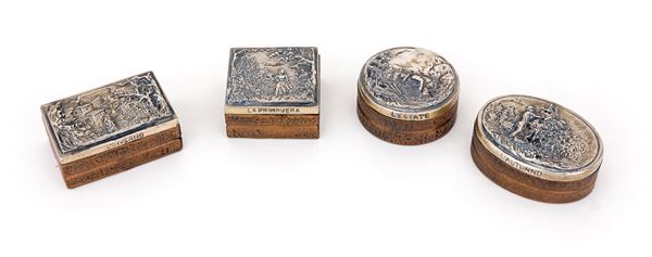 Quattro piccole scatole in bronzo con coperchio in argento fuso e cesellato, Arezzo, argentieri Pietro Sorini e Ilario Casi, attivi dal 1970 al 1971