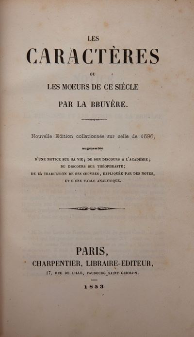 La Bruyere. Les Caracteres Ou Les Moeurs De Ce Siecle