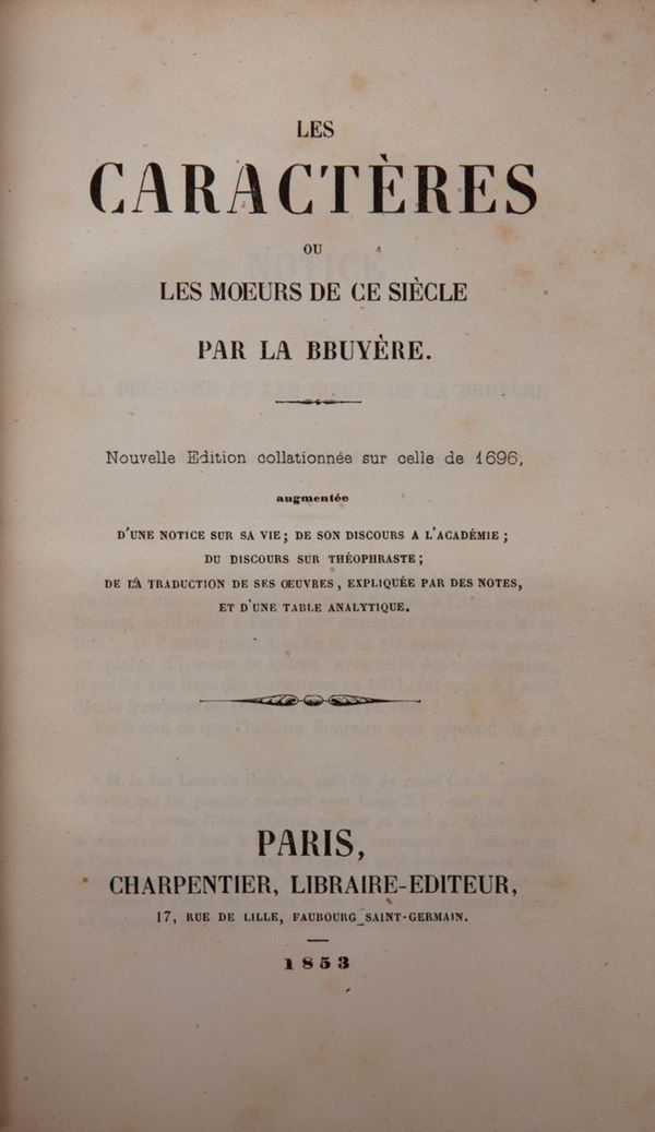 La Bruyere. Les caracteres ou les moeurs de ce siecle