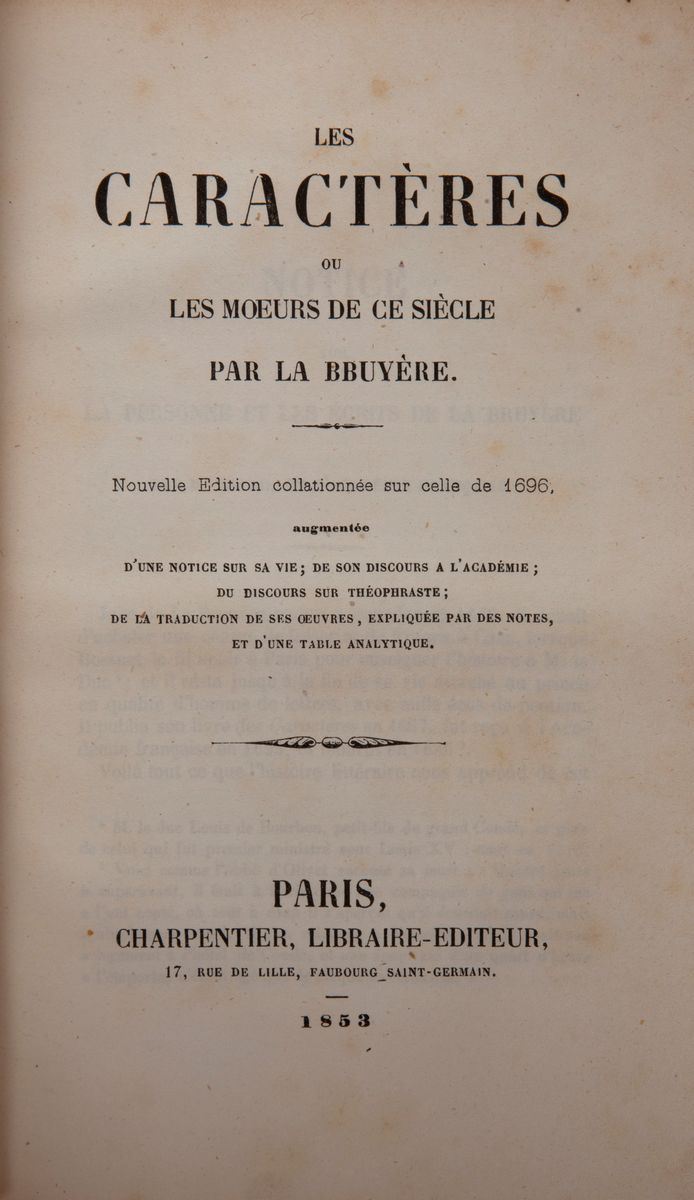 La Bruyere. Les Caracteres Ou Les Moeurs De Ce Siecle