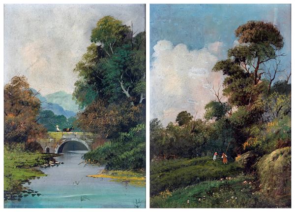 Pittore del XIX/XX secolo - a) Veduta fluviale  b) Paesaggio boschivo con figure