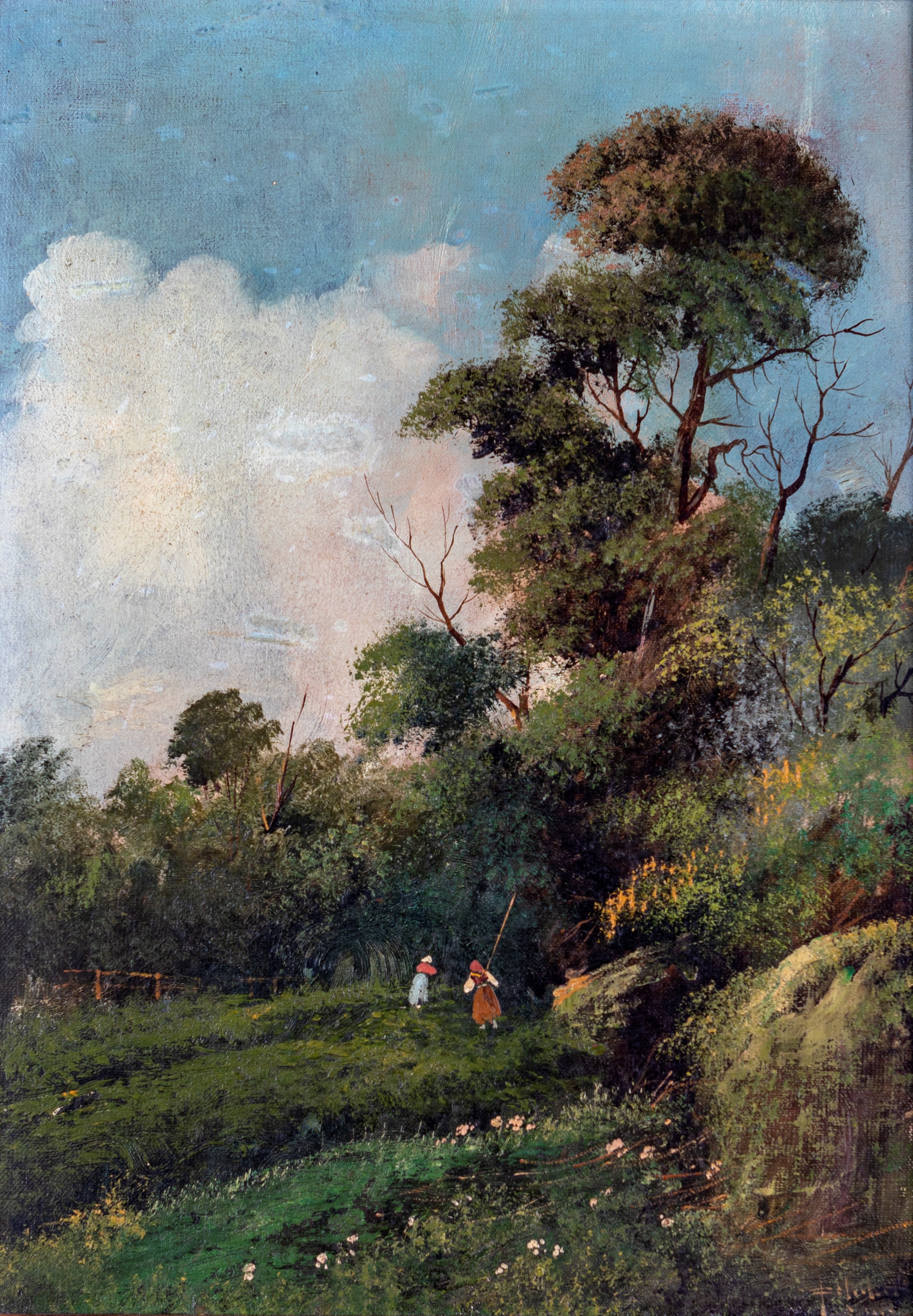 a) Veduta fluviale b) Paesaggio boschivo con figure