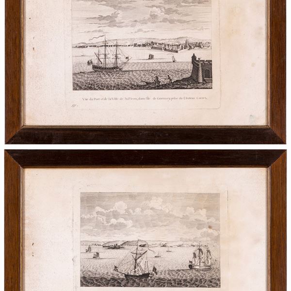 a) Vue de la Ville, Fortresse, et du Port de S.Aubin, dans l'Ile de Jersey  b) Vue du Port et de la Ville de St. Pierre, dans l'Ile de Guernsey, prise du Chateau Cornet