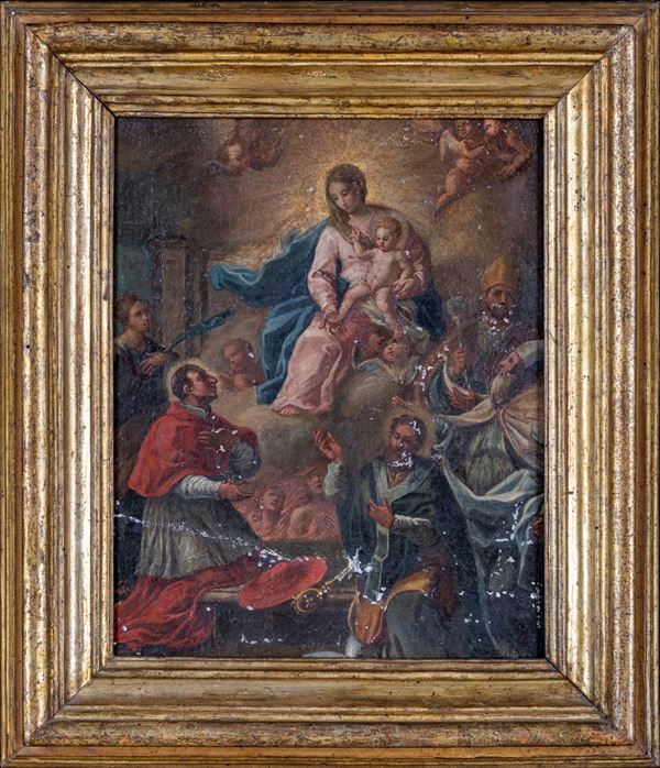 Scuola Emiliana del XVII secolo - Vergine col Bambino in gloria e Santi genuflessi