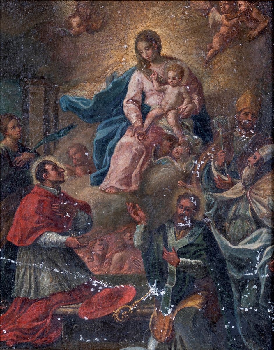 Scuola Emiliana del XVII Secolo - Vergine Col Bambino in Gloria e Santi Genuflessi