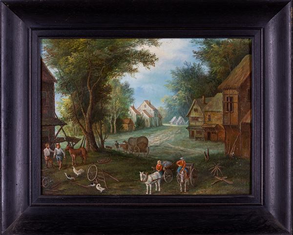 Pittore del XIX secolo - Scena di villaggio con uomini e carri