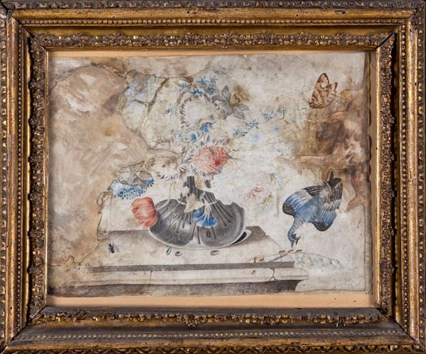 Pittore del XVIII secolo - Natura morta con volatile e farfalla