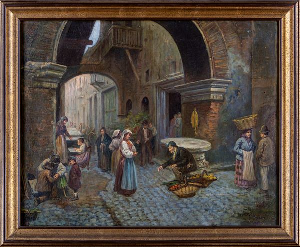 Pittore del XIX secolo - Scena di genere sotto agli archi