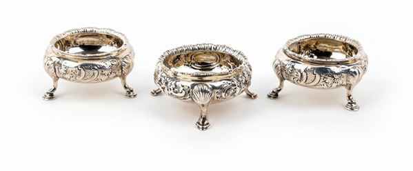 Tre saliere in argento 925/1000, Londra 1851, argentiere Harrison Brothers & Howson