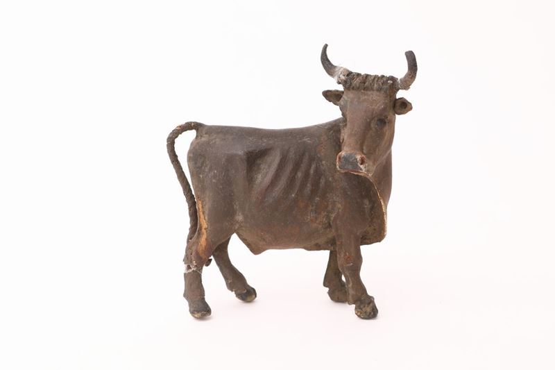 Toro in Legno Dipinto con Coda in Corda, Sicilia, XIX Secolo