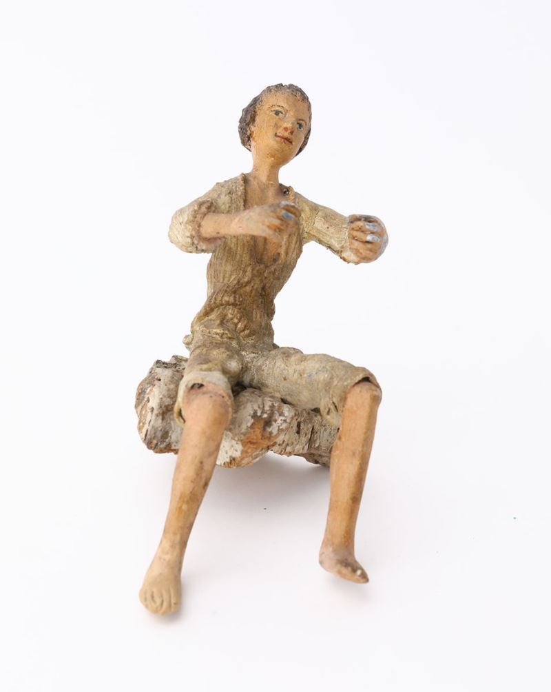 Contadino Seduto in Terracotta Policroma, Sicilia, XIX Secolo