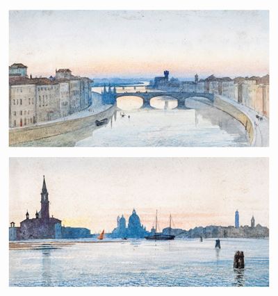 A) Veduta di Firenze con Ponte Santa Trinita B) Veduta di Venezia con Santa Maria della Salute