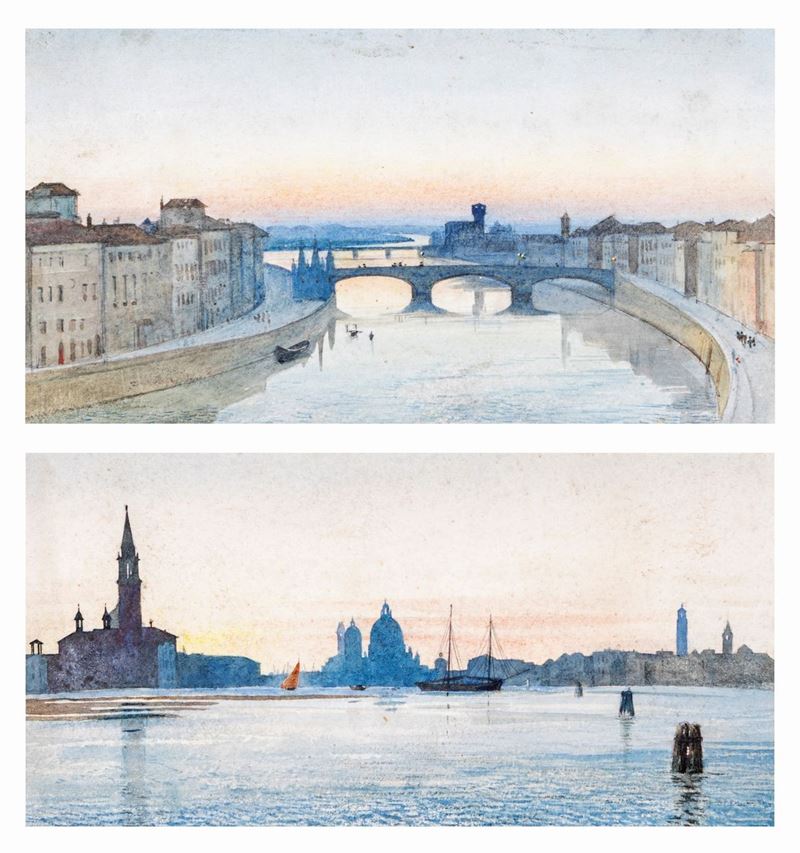 Pittore del XIX Secolo - A) Veduta di Firenze con Ponte Santa Trinita B) Veduta di Venezia con Sa...