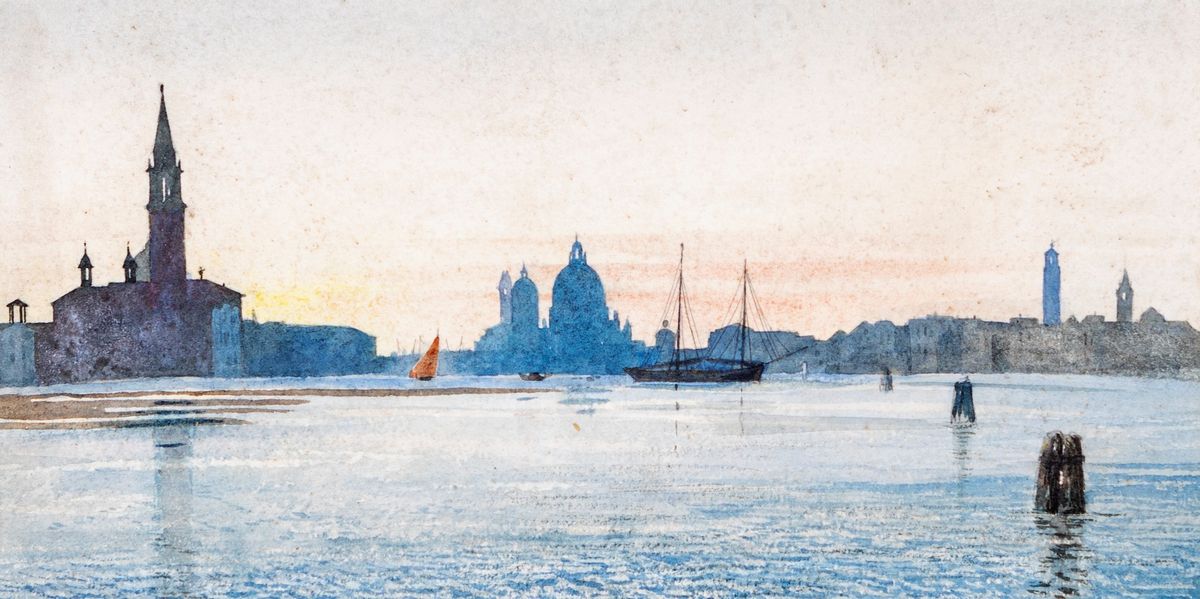 Pittore del XIX Secolo - A) Veduta di Firenze con Ponte Santa Trinita B) Veduta di Venezia con Sa...