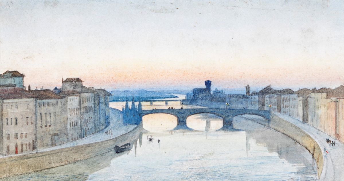 Pittore del XIX Secolo - A) Veduta di Firenze con Ponte Santa Trinita B) Veduta di Venezia con Sa...