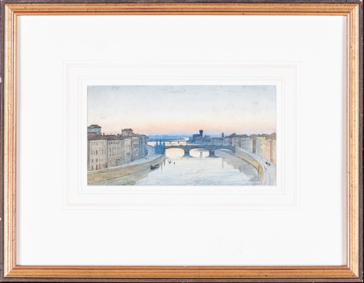 Pittore del XIX Secolo - A) Veduta di Firenze con Ponte Santa Trinita B) Veduta di Venezia con Sa...