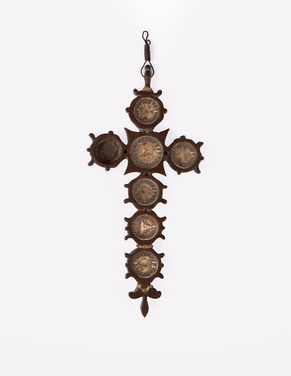 Antica croce reliquiario in ottone, XIX secolo