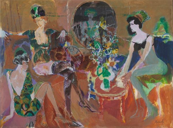 Scena di interno con donne sedute e vaso d fiori